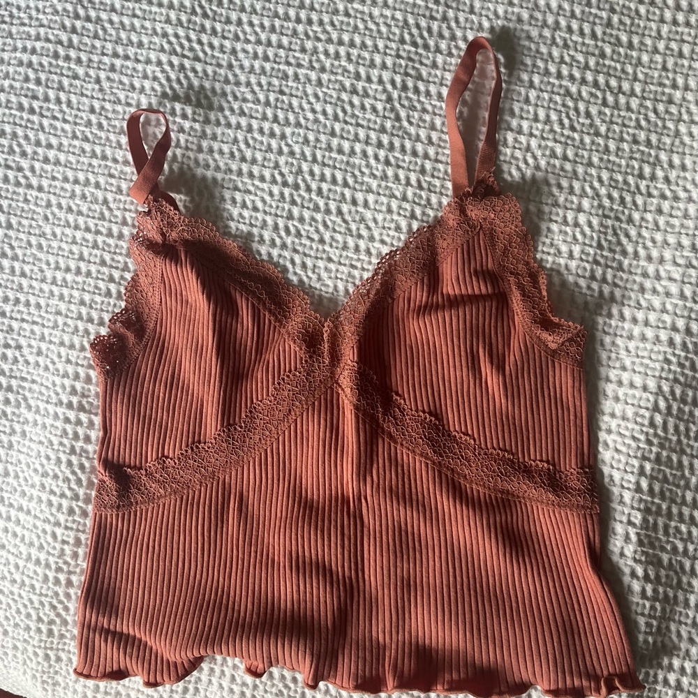 Ardene Coral Ribbed Crop Tank with Lace